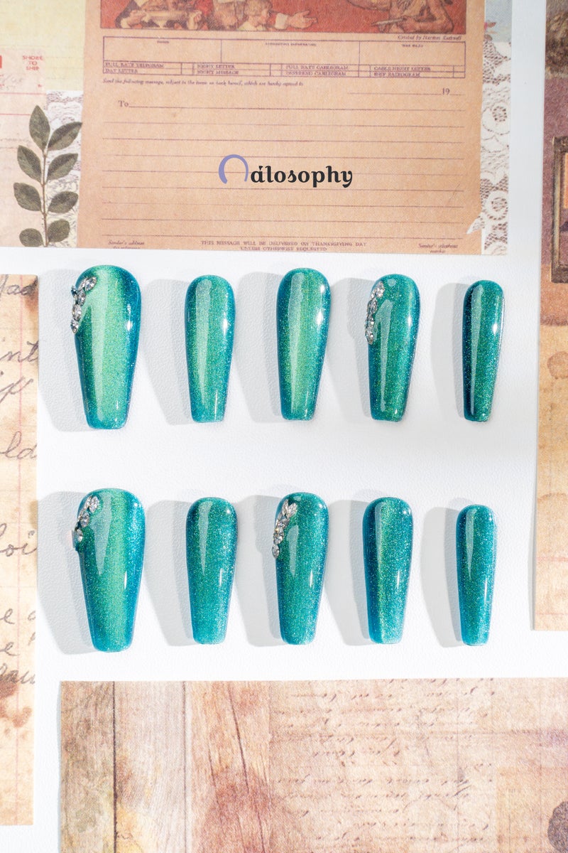 Nailosophy Handmade Gel Press-on Nails Emerald Green Cat-Eye with Rhinestones | Coffin Shape - Image 2